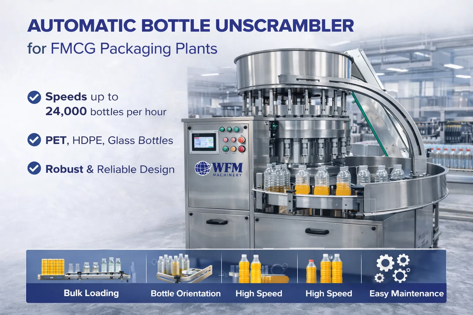 Automatic Bottle Unscrambler for FMCG Packaging Plants